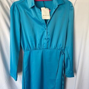 Blue Long-Sleeve Wrap-Style Shirt Dress